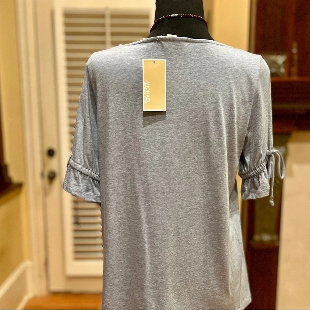 Michael Kors Chambray Tencel Ruched Sleeve Blouse Top Medium